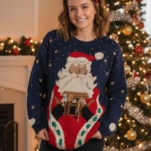 Vintage Design Options Medium Navy Night Sky Santa Noah's Ark Christmas Sweater‎